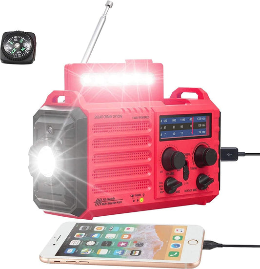 Portable Hand Crank Emergency Radio with Solar Power, AM/FM/Shortwave/NOAA Weather Bands, LED Flashlight, Reading Lamp, USB Charging Port, SOS Function, Compass, IPX6 Waterproof - Ideal for Outdoor Activities and Power Outages