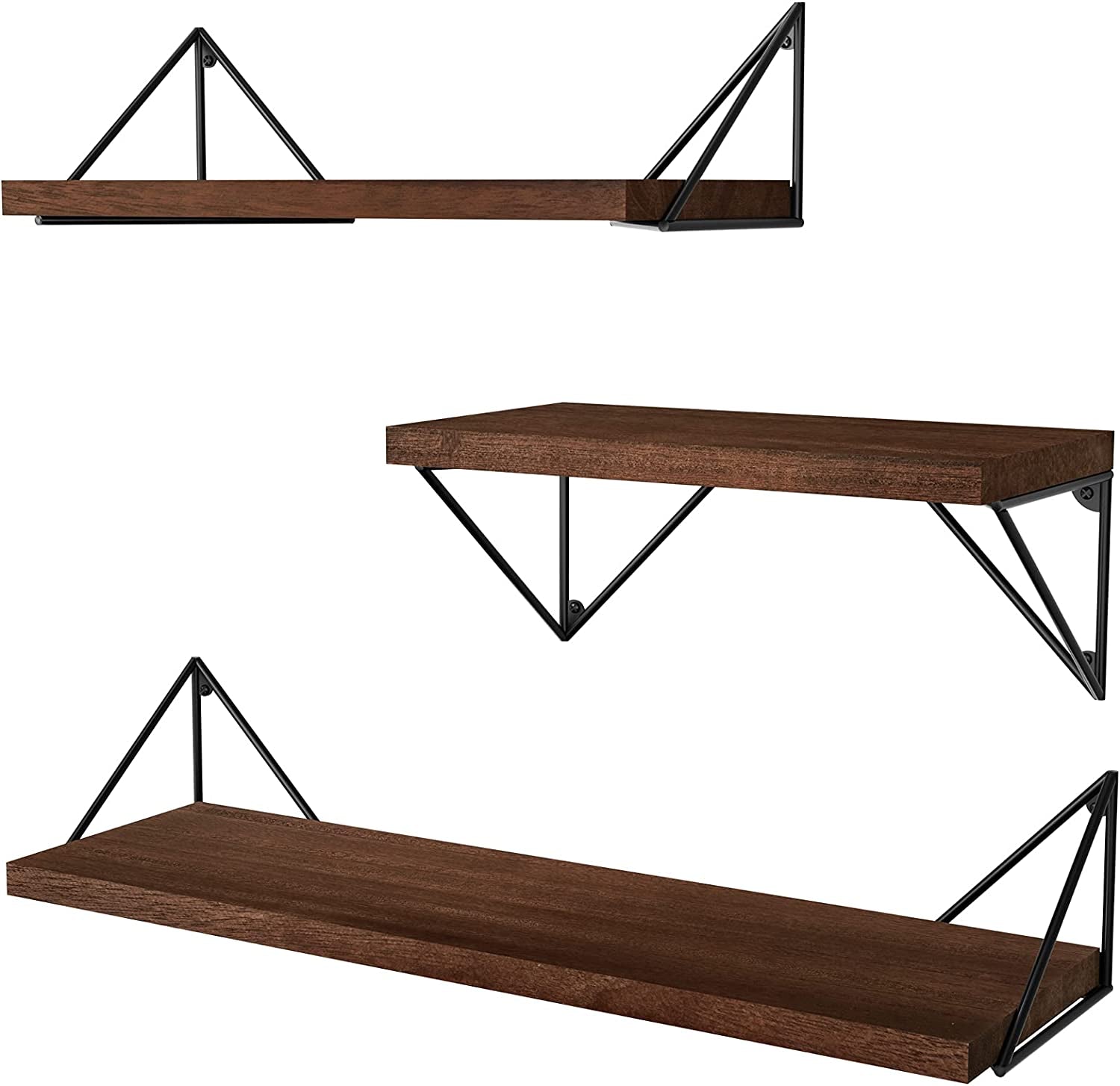 Set of 3 Rustic Wall Mounted Floating Shelves - Ideal for Bedroom, Bathroom, Living Room, Kitchen in Dark Walnut