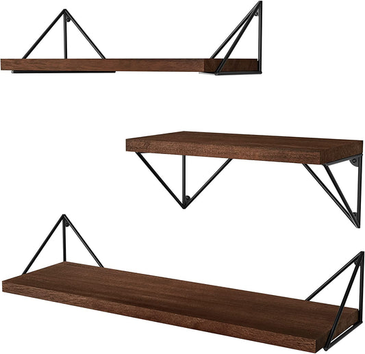 Set of 3 Rustic Wall Mounted Floating Shelves - Ideal for Bedroom, Bathroom, Living Room, Kitchen in Dark Walnut