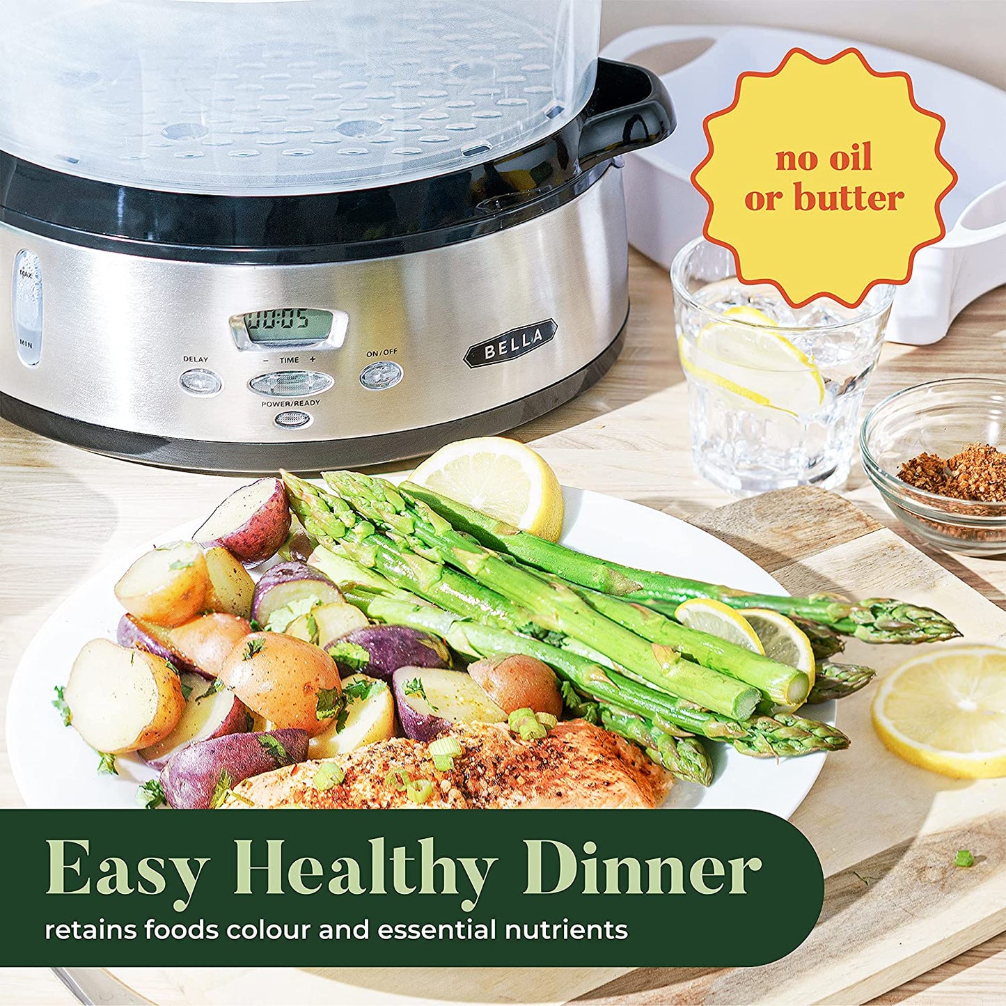 Triple Tier Digital Food Steamer - 9.5 QT Capacity, Healthy and Fast Simultaneous Cooking, Stackable Baskets for Vegetables or Meats, Includes Rice/Grains Tray, Auto Shutoff, and Boil Dry Protection. Made of Stainless Steel.