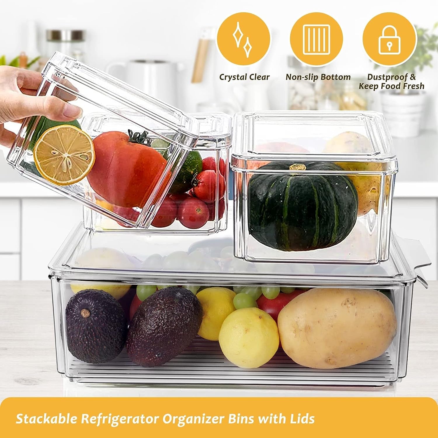 Set of 9 Fridge Organizer Bins with Lids - Clear Stackable Plastic Containers for Refrigerator, Pantry, and Kitchen Storage, BPA-Free and Versatile Organizers in 6 Different Sizes