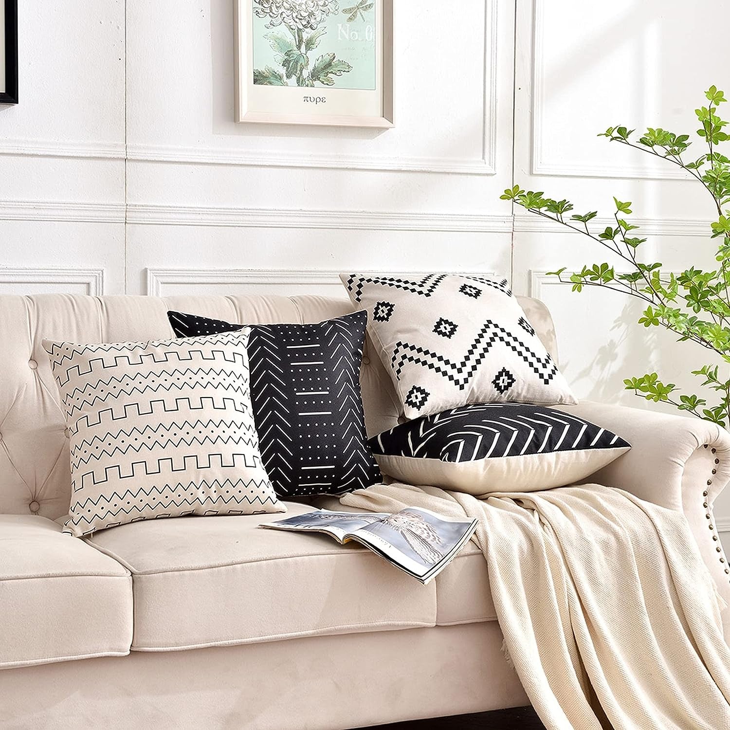 Pack of 4 Throw Pillow Covers, each measuring 18x18 inches: Made from a Linen Cotton Blended Fabric featuring Modern Geometric Patterns. These Decorative Sofa Square Cushion Cases enhance your decor with style.