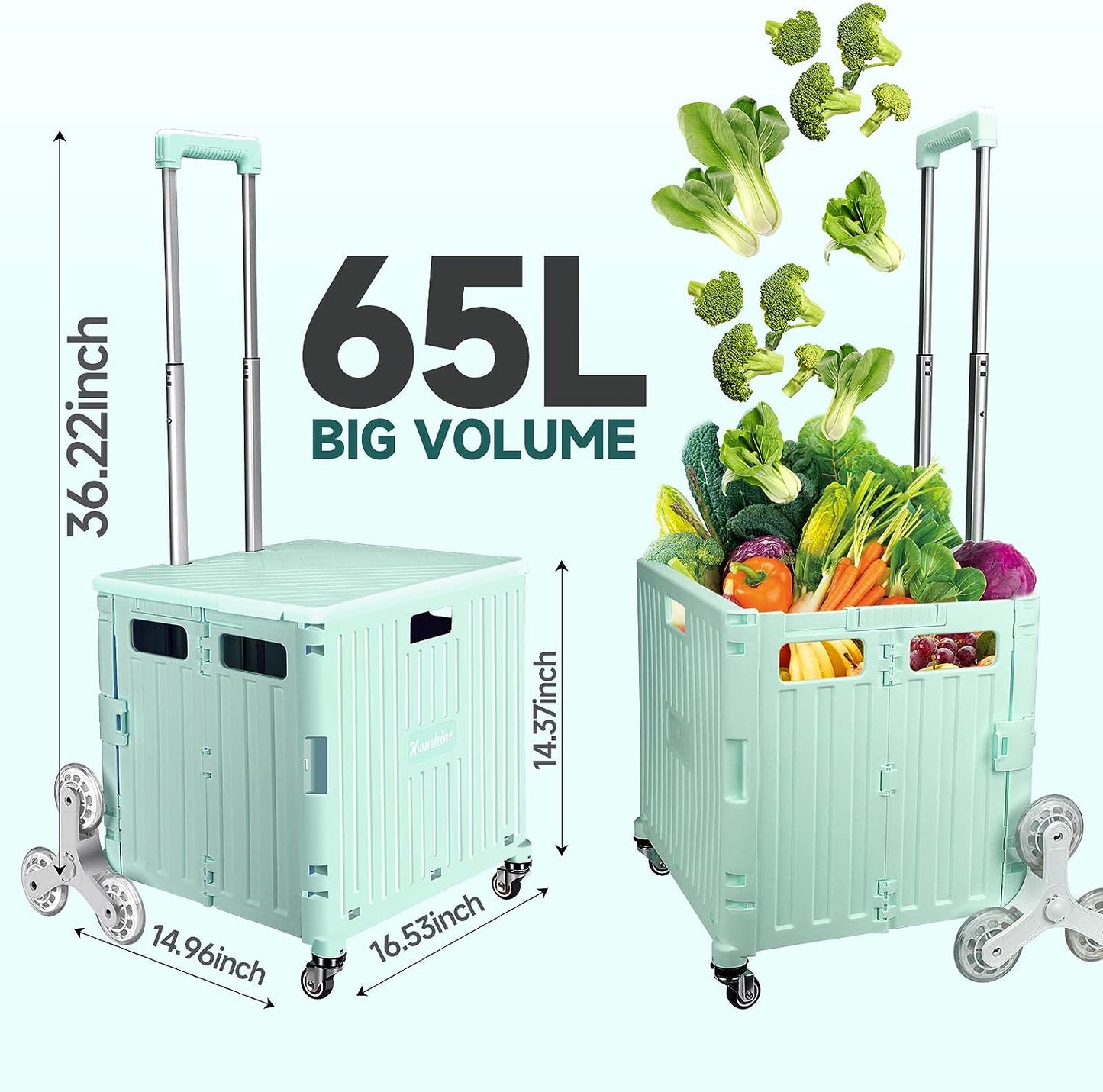 Rolling Storage Cart on Stair Climbing Wheels - Features a Foldable Crate with a 65L Large Capacity, Telescoping Handle, and is designed for transporting Grocery, Office, School, Tool, and Art Supplies. Available in Light Green.