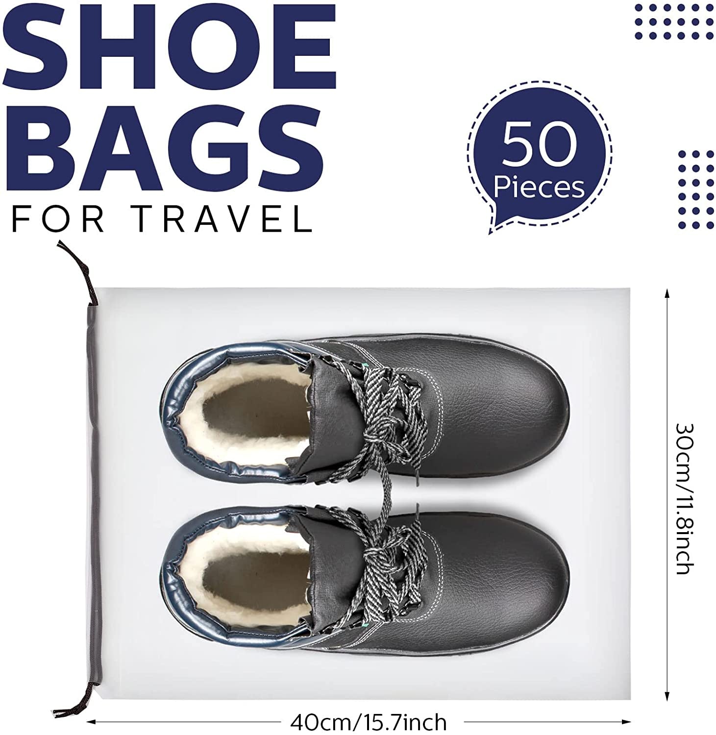 Pack of 50 Transparent Shoe Bags for Travel - Large Clear Drawstring Bags - Plastic Shoe Storage Bags - Portable Packing Bags - Shoes Organizer Pouch with Rope - Suitable for Men and Women