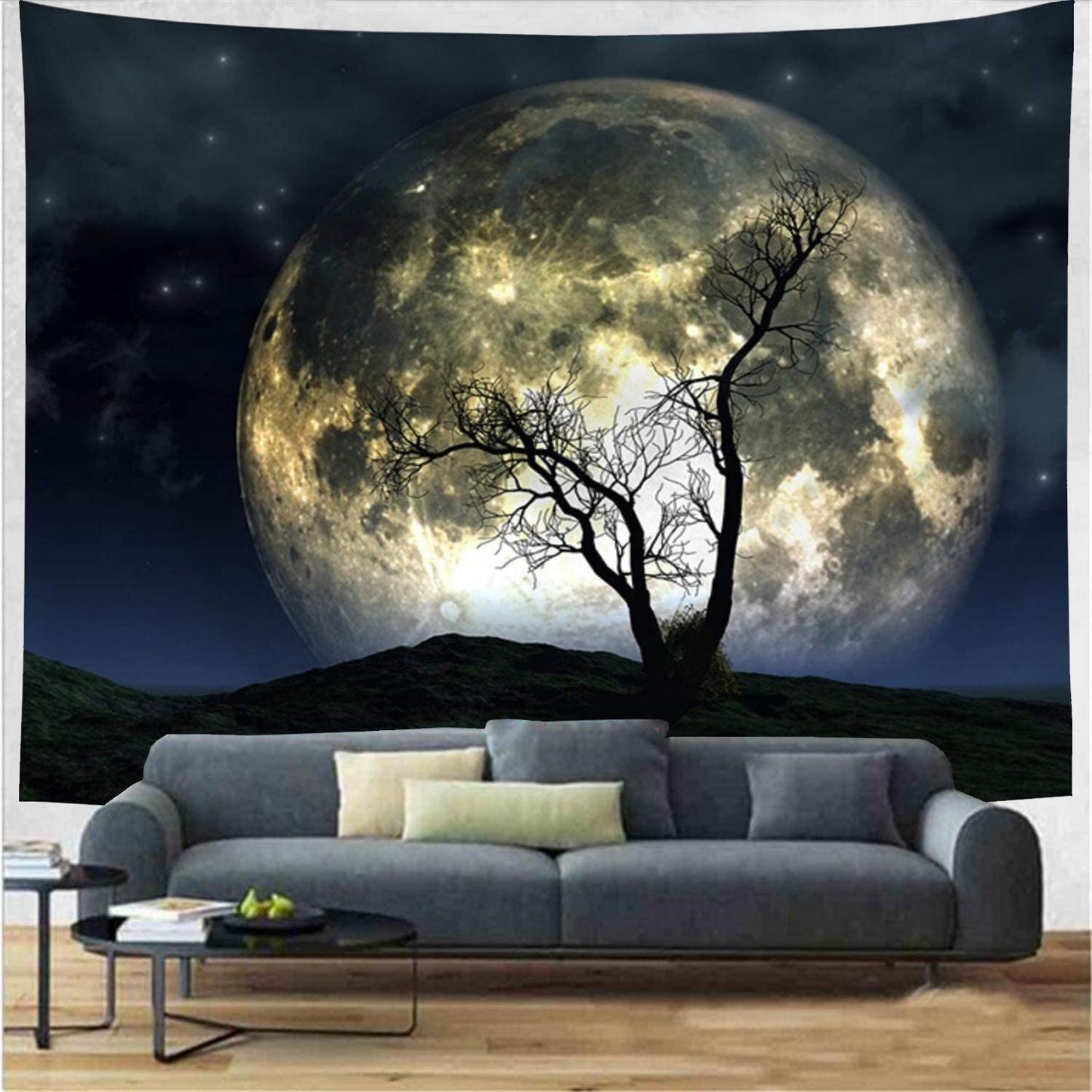 Starry Sky and Moon Tapestry - 51.2x59.1 Inch Galaxy and Tree Wall Hanging for Home Decor