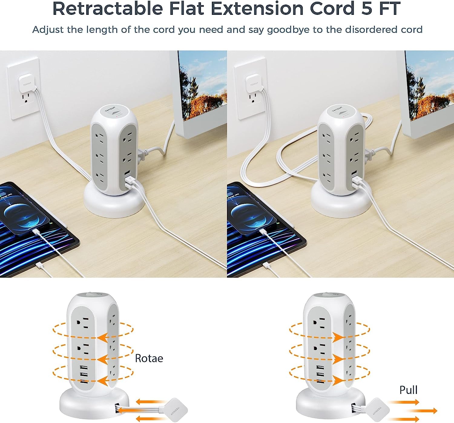 Retractable Flat Plug Power Bar Tower with 11 Outlets, 3 USB Ports, and Surge Protection - 5 Feet Indoor Flat Extension Cord for Home Office, Desk Accessories, and Dorm Essentials