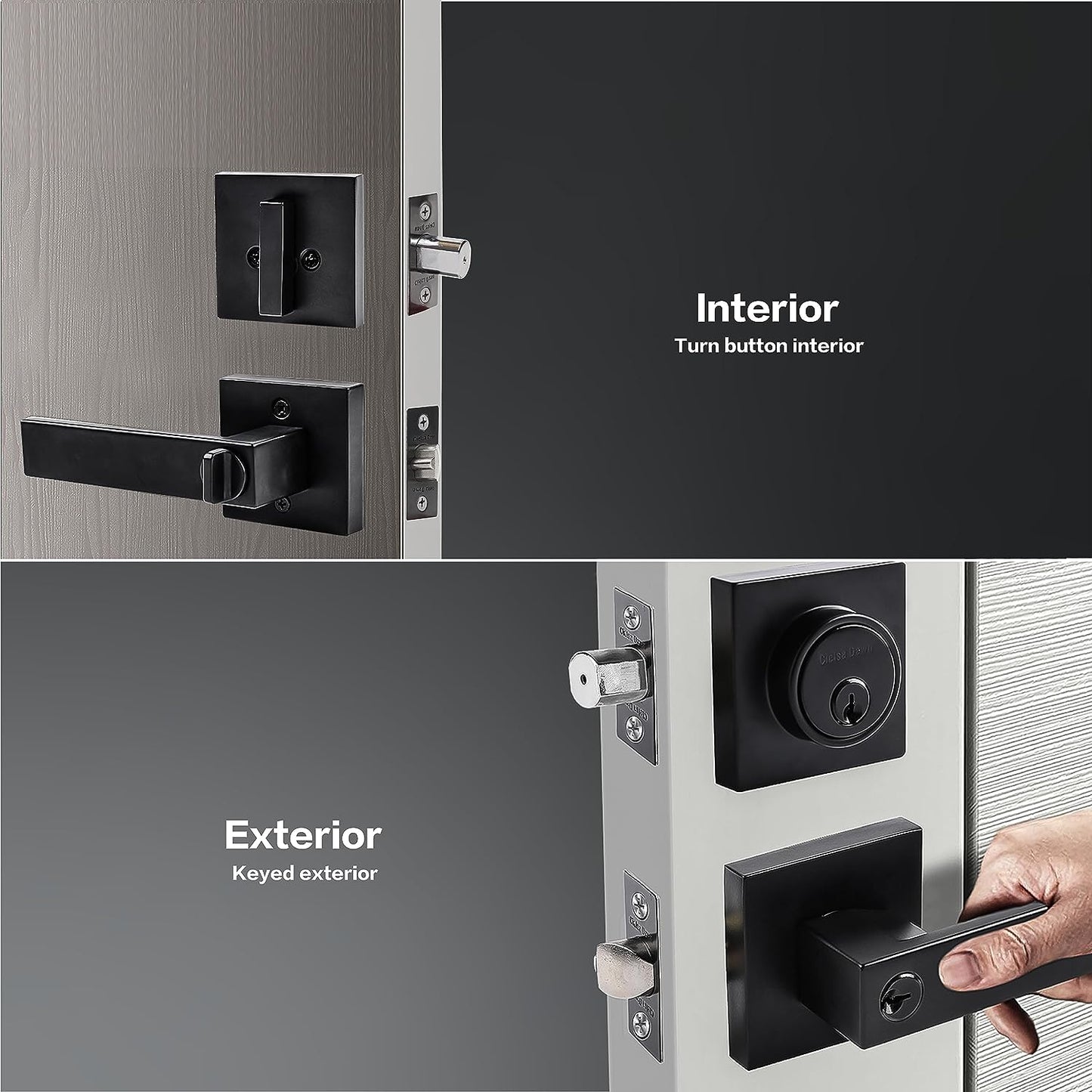 Modern Matte Black Entry Lever Door Locks with Deadbolt - Includes Square Exterior Front Door Handle and Single Cylinder Deadbolt as a Set.