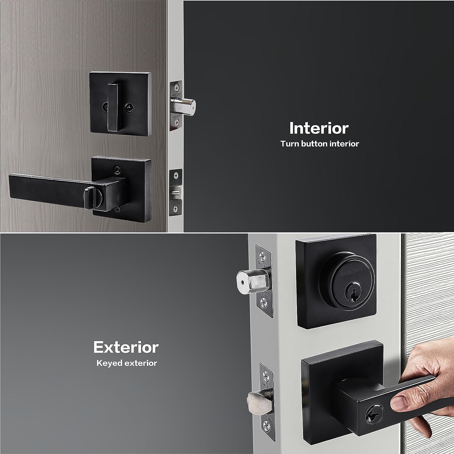 Modern Matte Black Entry Lever Door Locks with Deadbolt - Includes Square Exterior Front Door Handle and Single Cylinder Deadbolt as a Set.