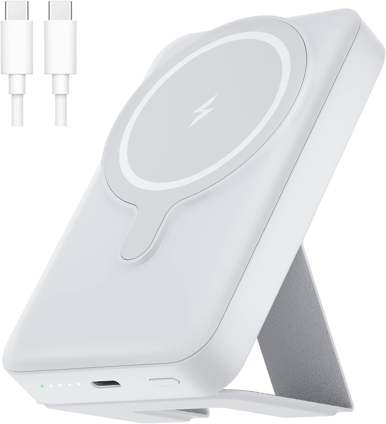 Magnetic Portable Charger: 10000mAh Mag-Safe Power Bank with 15W Fast Charging. PD 22W USB-C Foldable Stand Extended Charger Battery Pack for iPhone 14/13/12 Mini, Pro, Plus, and Max in White.