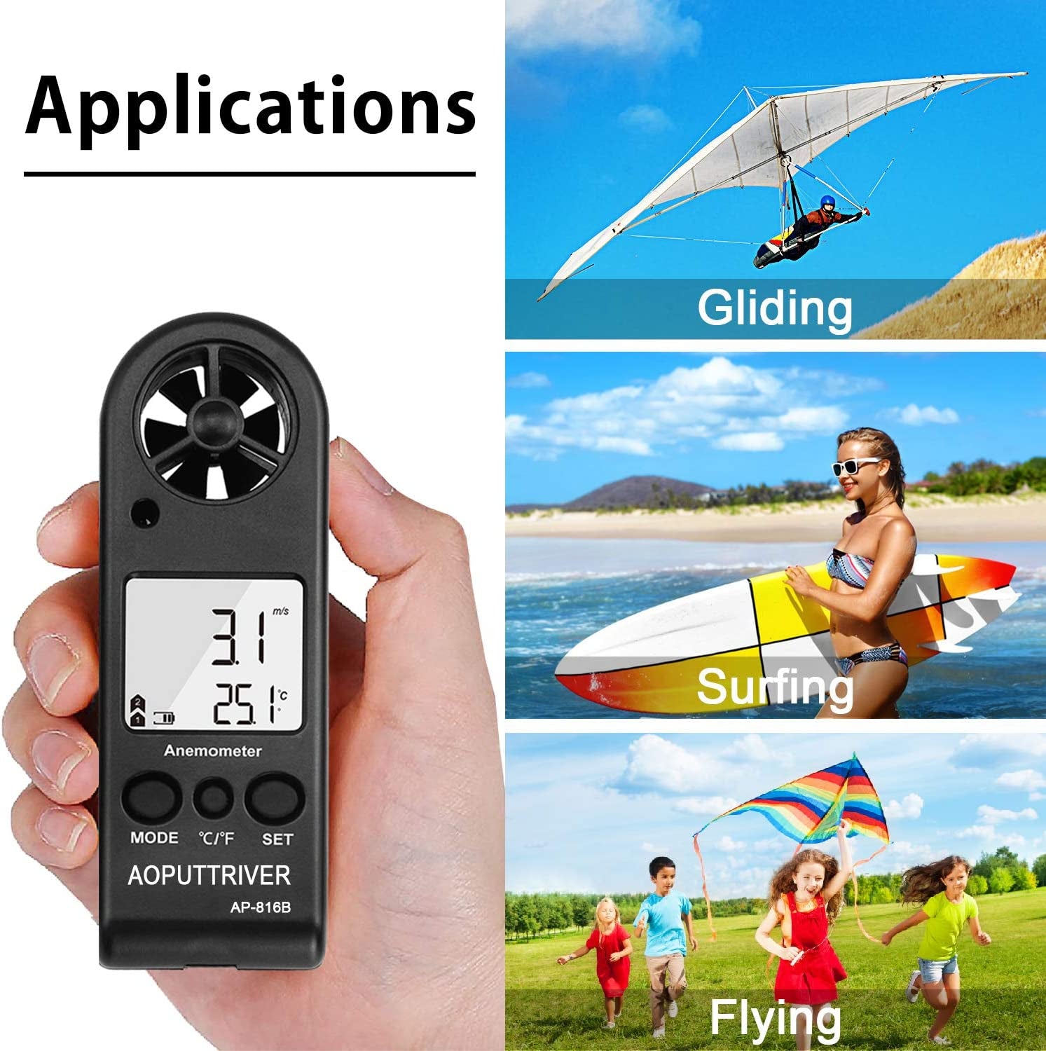High Precision Handheld Digital Anemometer for Accurate Measurement of Wind Speed, Temperature, and Max/Average/Current, Ideal for Windsurfing, Sailing, Fishing, and Outdoor Activities - Pack of 2 