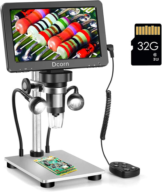 Digital Microscope 7" 1200X, 12MP 1080P Photo/Video Microscope with 32GB TF Card for Soldering, Coins, Metal Stand, Wired Remote, 10 LED Fill Lights, PC View, Windows/Mac Compatibility