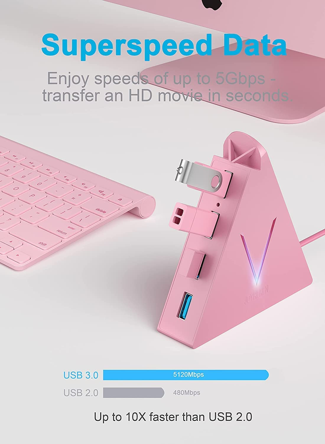 Vertical Data USB Hub with 2 Ft Extended Cable - Compatible with Mac, PC, Xbox One, PS4, PS5, iMac, Surface Pro, XPS, Laptop, Desktop, Flash Drive, Mobile HDD (Pink)