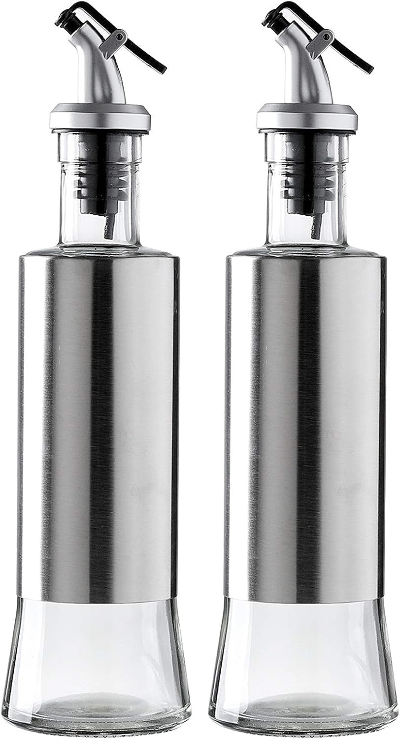 Set of 2 Olive Oil and Vinegar Dispensers: Glass Bottles with Drip-Free Pourers and Stainless Steel Shells - Premium Kitchen Accessories for Cooking and Dressing