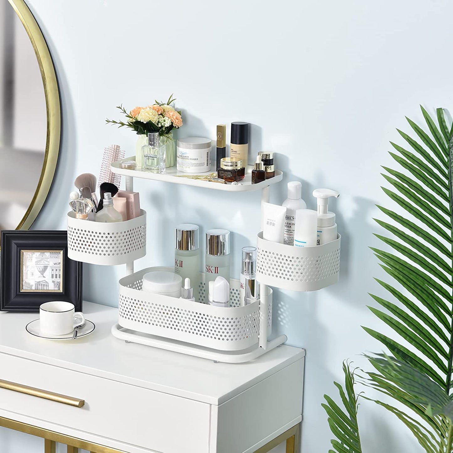 Rotating 3-Tier Bathroom and Kitchen Organizer in White: An Ideal Vanity and Spice Rack Storage Solution for Countertops