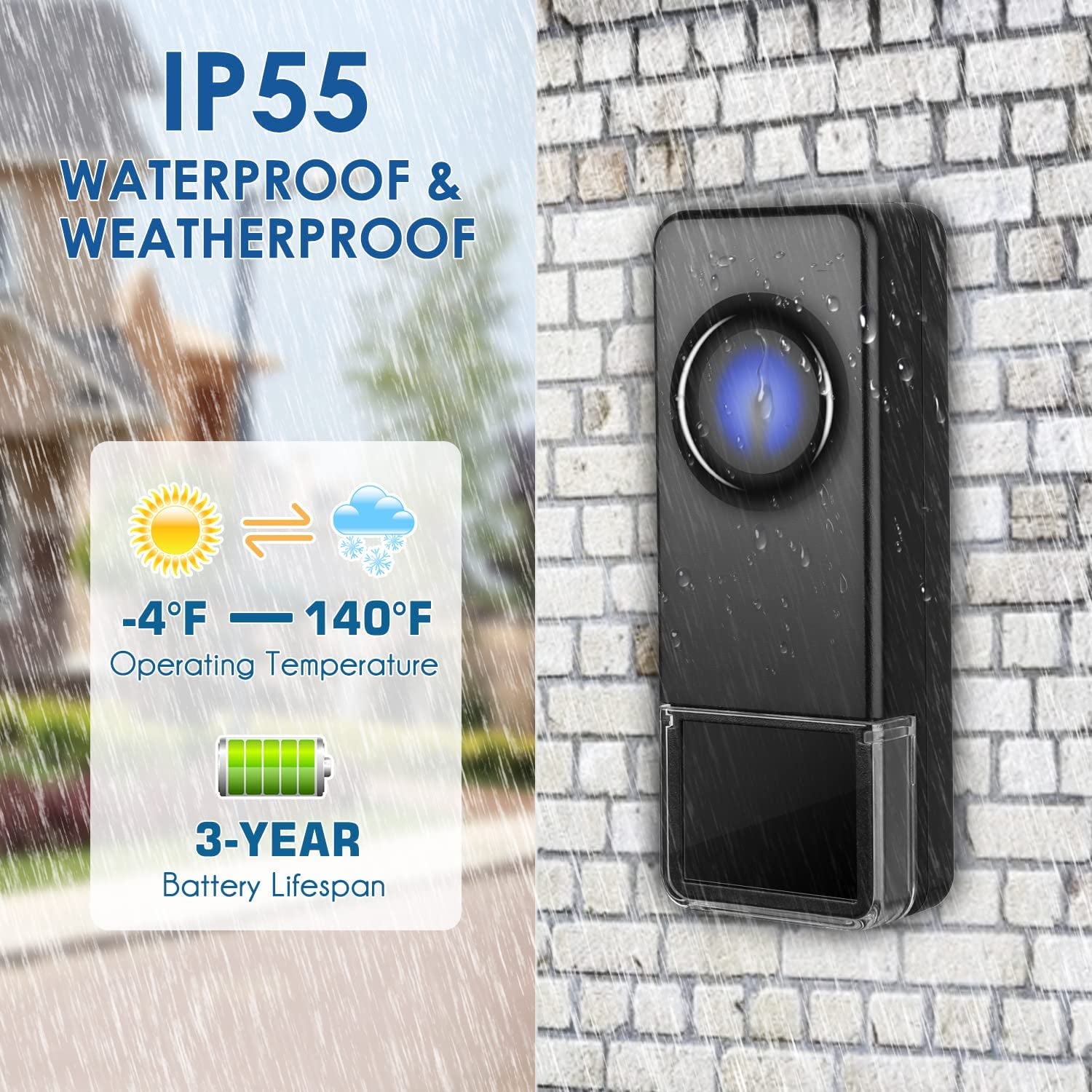 Waterproof Wireless Doorbell, Door Bell Chimes with Mute Mode, 58 Door Chimes, 5 Volume Levels, 1300-ft Range, 4 Receivers & 2 Doorbell Buttons for Home with LED Strobe, Black