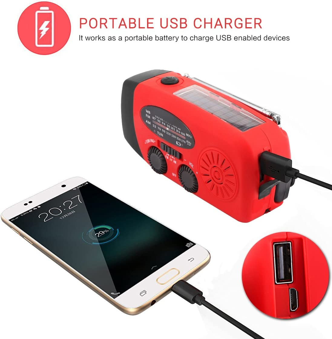 Solar Powered Hand Crank Emergency Weather Radio: Features FM/AM/NOAA Radio, 3-LED Flashlight, and 2000mAh Power Bank for Smartphones - A Must-Have for Emergency Situations.