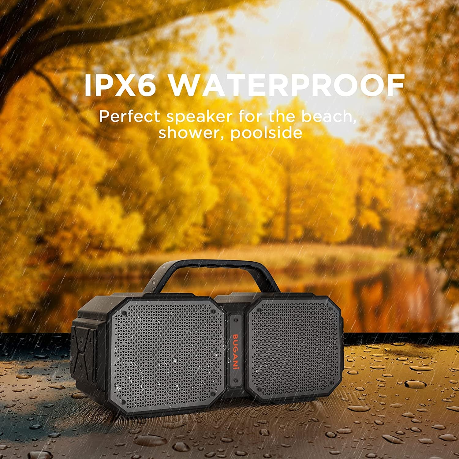 Bluetooth Speaker: IPX6 Waterproof and Portable with Bluetooth 5.2. Powerful 50W Output and 24H Playtime. Suitable for Family Gatherings and Outdoor Use. Available in Black.