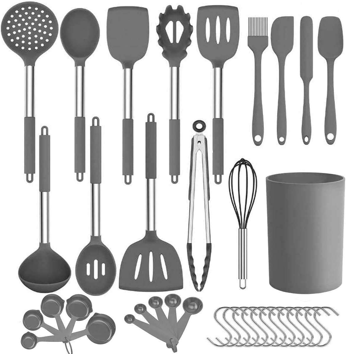 25-Piece Silicone Kitchen Utensils Set with Heat Resistant Stainless Steel Handle and Grey Silicone Grip