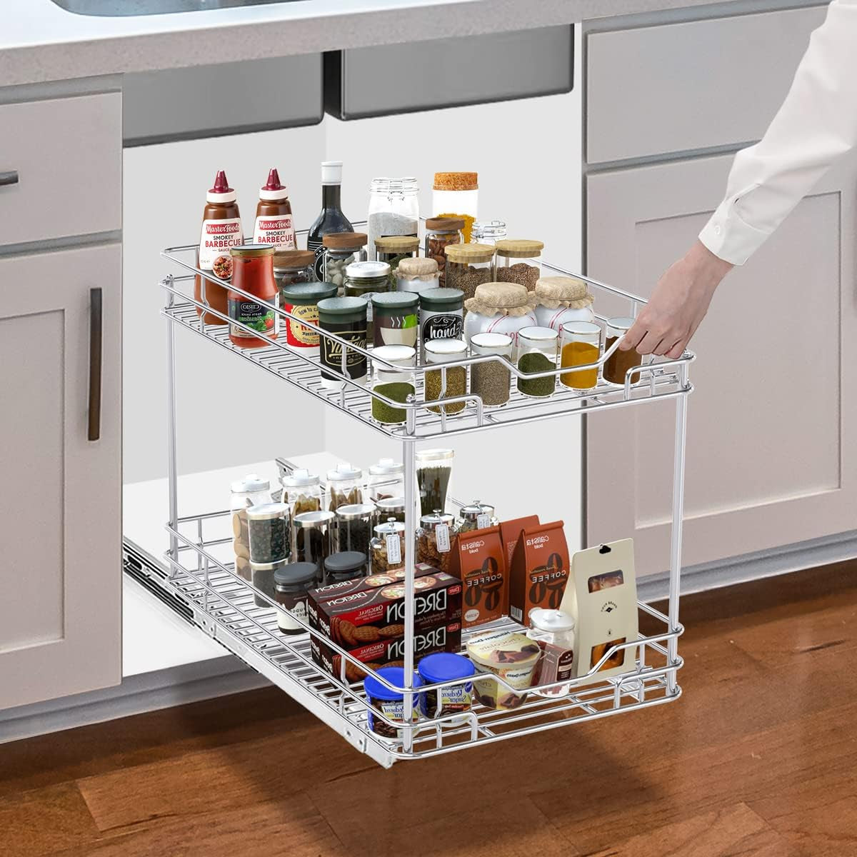 Heavy-Duty 2-Tier Pull-Out Cabinet Drawer Organizer - 21''Dx11''W - Designed for Cabinets with a Minimum 11” Opening, Wire Frame with Chrome Finish