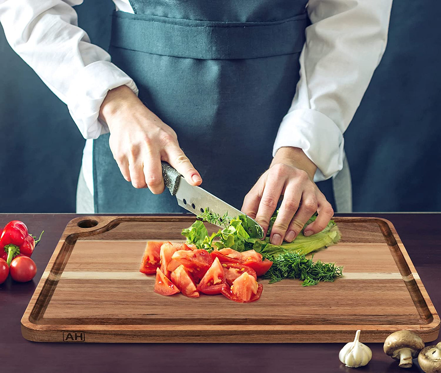 Large Acacia Wood Cutting Board for Kitchen, measuring 18x12 inches, featuring a Juice Groove, Handle, and Hanging Hole. Ideal for Chopping, Carving, and Butcher Block for Meat and Veggies.