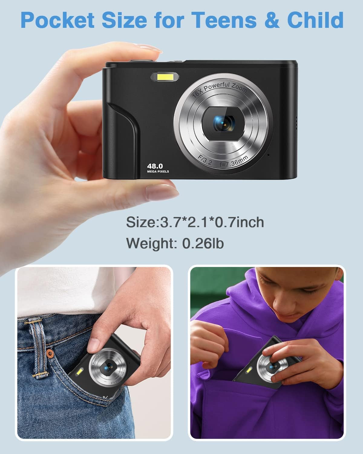 Portable Kid Camera | 48MP Autofocus Digital Camera with 32GB Card | FHD 1080P Vlogging Camera | Compact Mini Camera for 5-10 Year Old Girls and Boys | Black