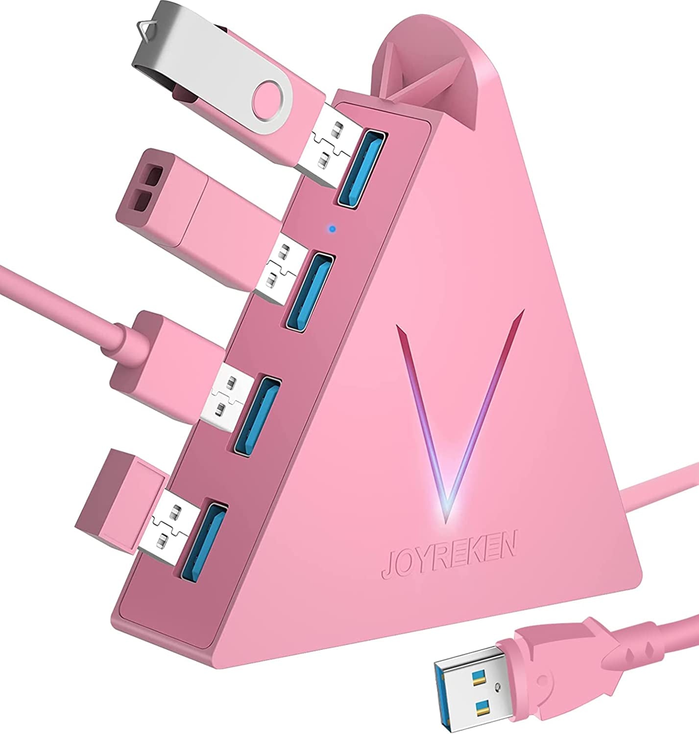 Vertical Data USB Hub with 2 Ft Extended Cable - Compatible with Mac, PC, Xbox One, PS4, PS5, iMac, Surface Pro, XPS, Laptop, Desktop, Flash Drive, Mobile HDD (Pink)