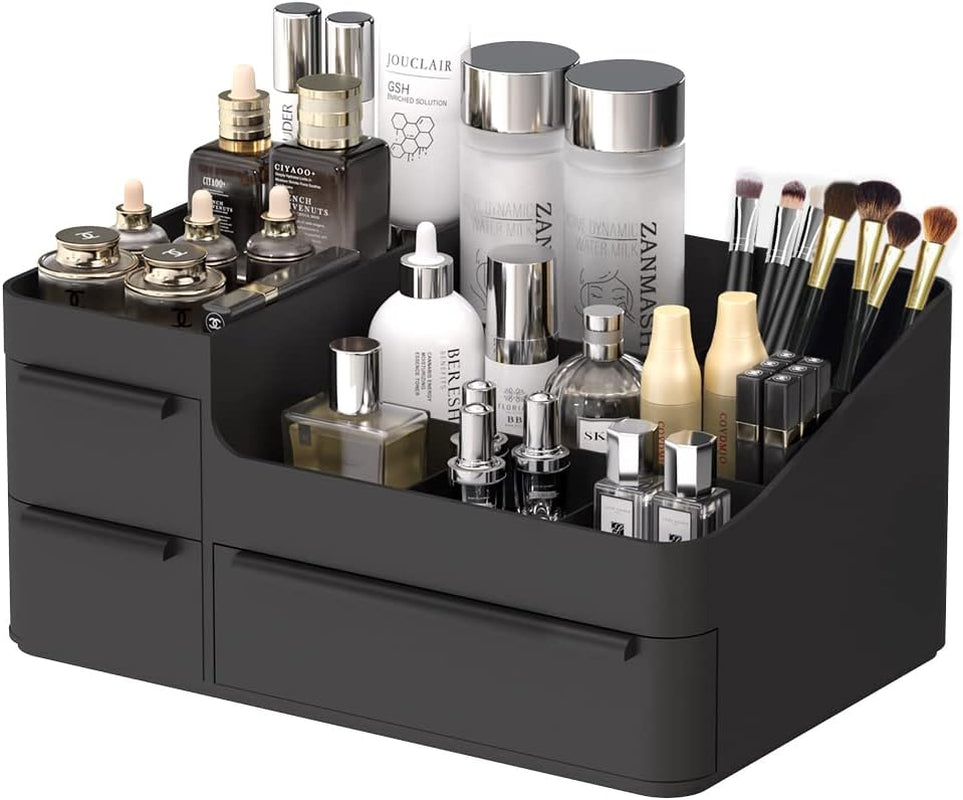 Black Plastic Vanity Makeup Organizer with 6 Compartments, Perfect for Brushes, Eyeshadow Palettes, and Beauty Supplies, Comes with Drawer Organizer Tray for Easy Use.
