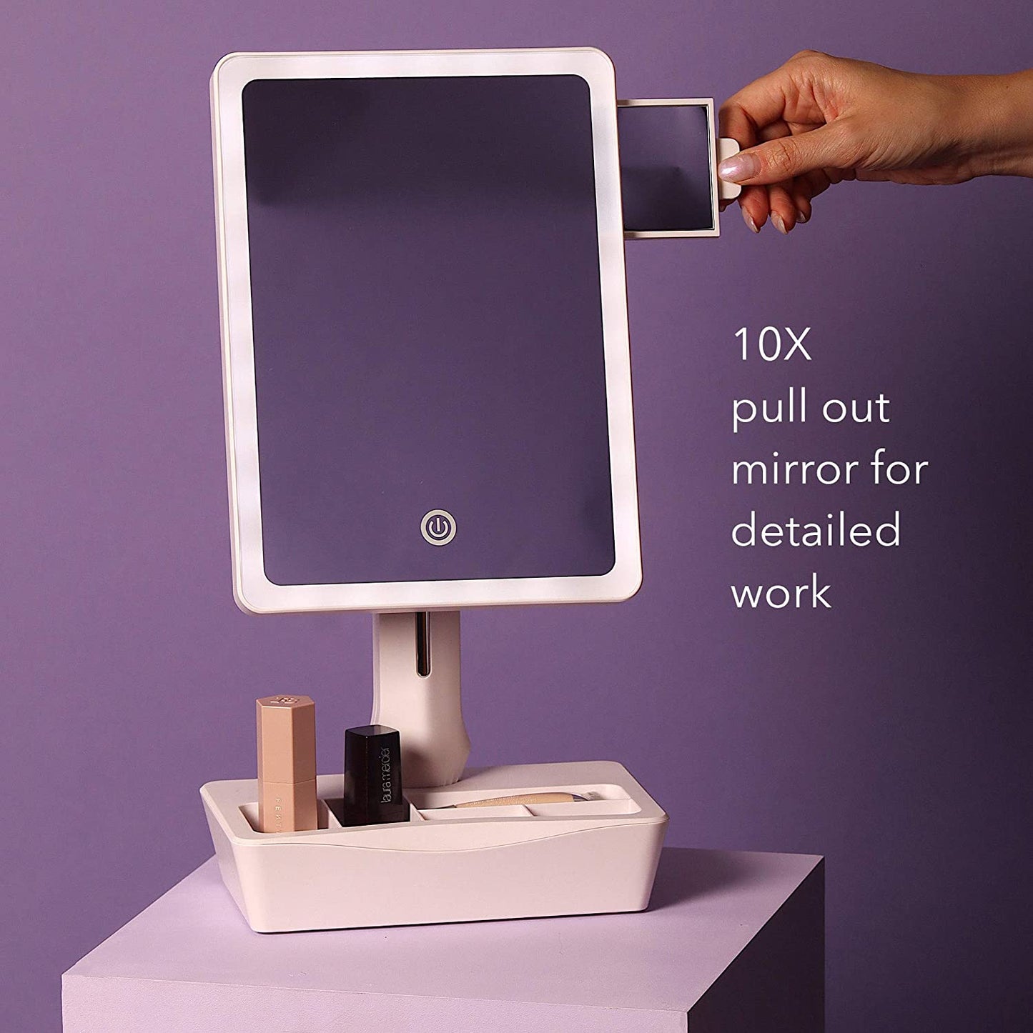 X-Large LED Lighted Vanity Makeup Mirror with 10X Magnifying Mirror - Features Dimmable Natural Light, Touch Screen Control, and Dual Power Options - Adjustable Stand with Integrated Cosmetic Organizer - Model: Gala.