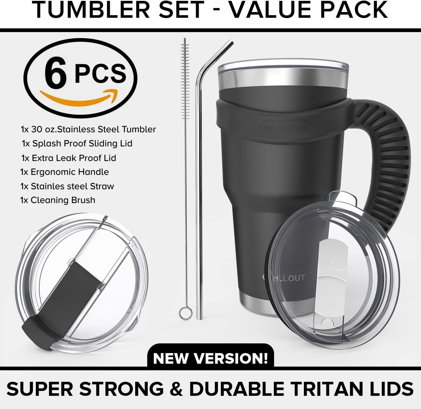 Stainless Steel Travel Mug Bundle: 30oz Tumbler with Handle, Straw, Cleaning Brush, and 2 Lids, Double Wall Insulated for Large Coffee - Color: Black