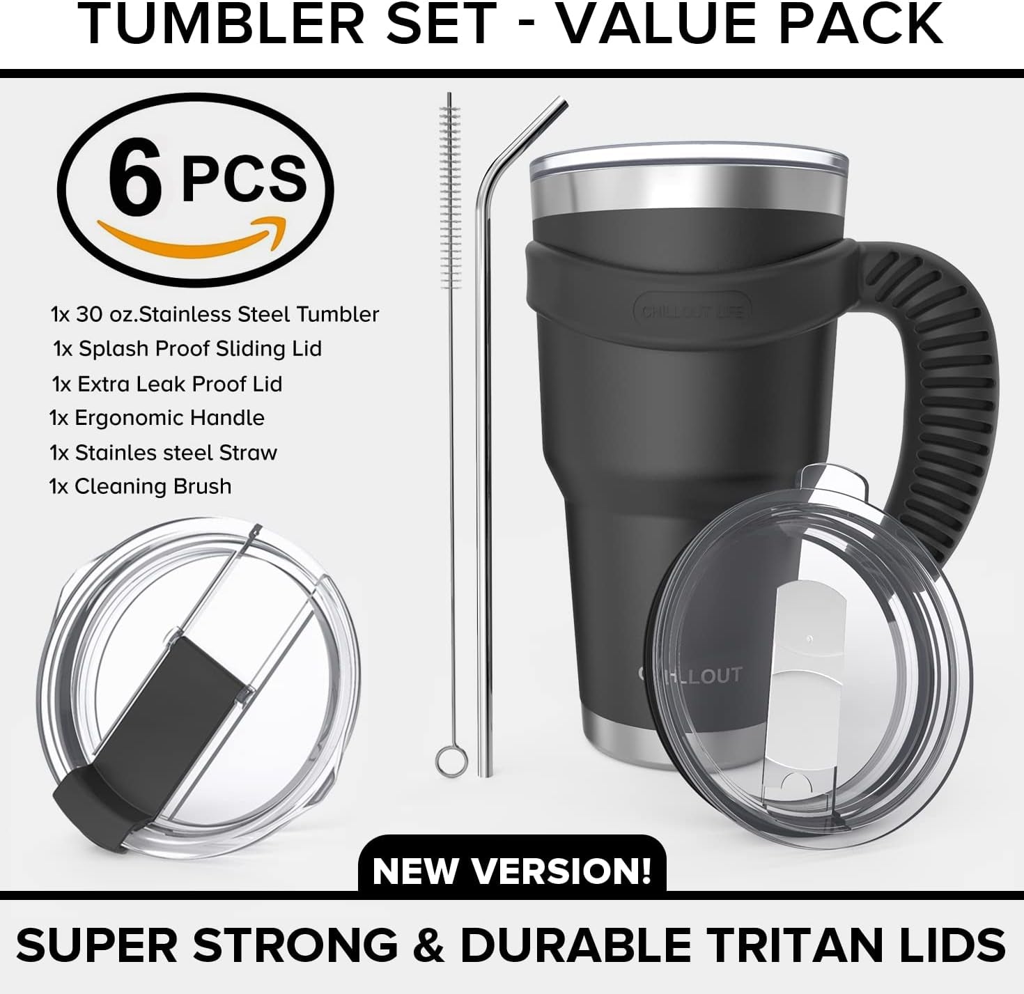 Stainless Steel Travel Mug Bundle: 30oz Tumbler with Handle, Straw, Cleaning Brush, and 2 Lids, Double Wall Insulated for Large Coffee - Color: Black