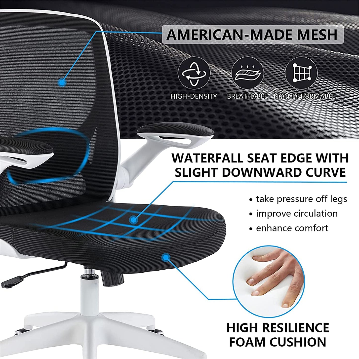 Ergonomic Office Chair - Breathable Mesh Design with Lumbar Support - Features Wheels and Flip-Up Arms - Swivel Task Chair - Adjustable Height - Suitable for Home or Gaming Use - Color: White