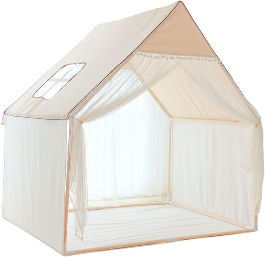 Children's Playhouse Play Tent - Large Lace Pom Design - Made from Natural Canvas - Portable for Indoor and Outdoor Play - Perfect Gift for Boys and Girls to Enjoy Fun Plays