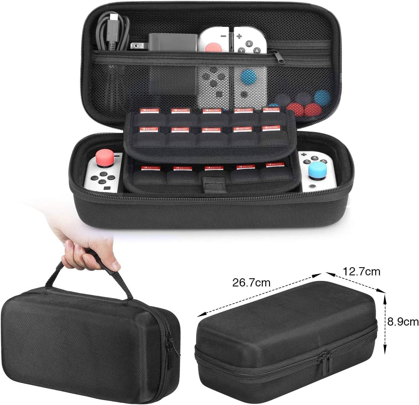 Comprehensive Nintendo Switch Accessory Bundle: Case, Pouch, Cover, Joycon Grips, PlayStand, Screen Protector, Thumb Grips, and Caps