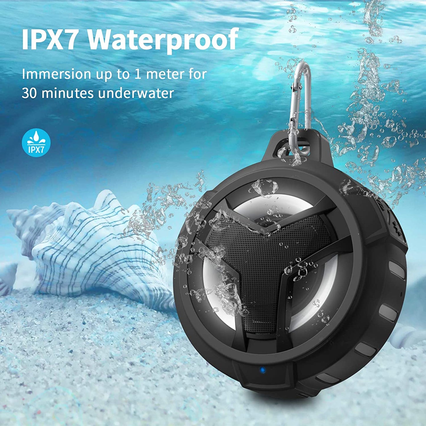 Bluetooth Shower Speaker: Portable and IP67 Waterproof Outdoor Speaker with LED Light. It's Floating and True Wireless Stereo, featuring a 2000mAh battery. Perfect for Pool, Kayak, Bike, Golf, and Gifts. Color: Black.