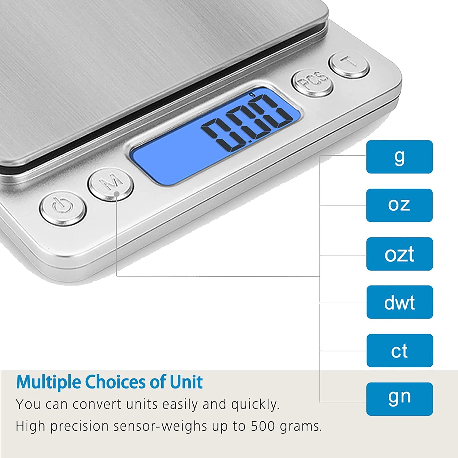 Digital Gram Scale: High Precision Kitchen Scale with 0.01g Accuracy and 500g Capacity. Multifunctional Stainless Steel Pocket Scale with Backlit LCD Display. Features Tare and PCS Functions. Color: