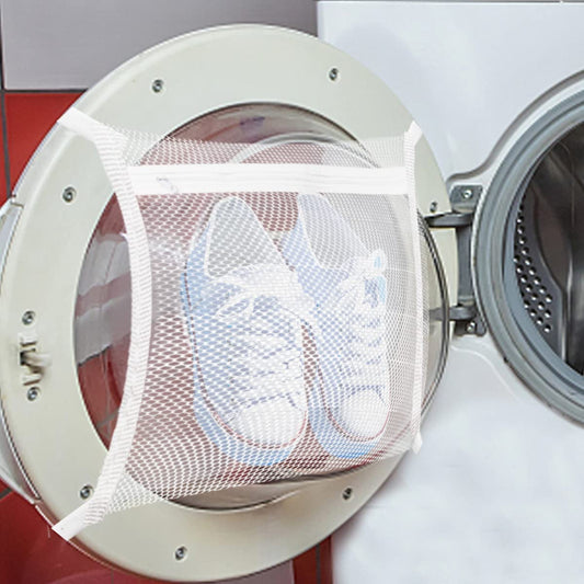 Sneaker Drying & Washing Machine Bag - Designed for Shoes, Clothing, and Laundry. Features an Elastic Strap Adjuster for Easy Installation on Most Dryer Machine Doors in the Laundry Room. Dimensions: 15.7 x 15.7 Inches.