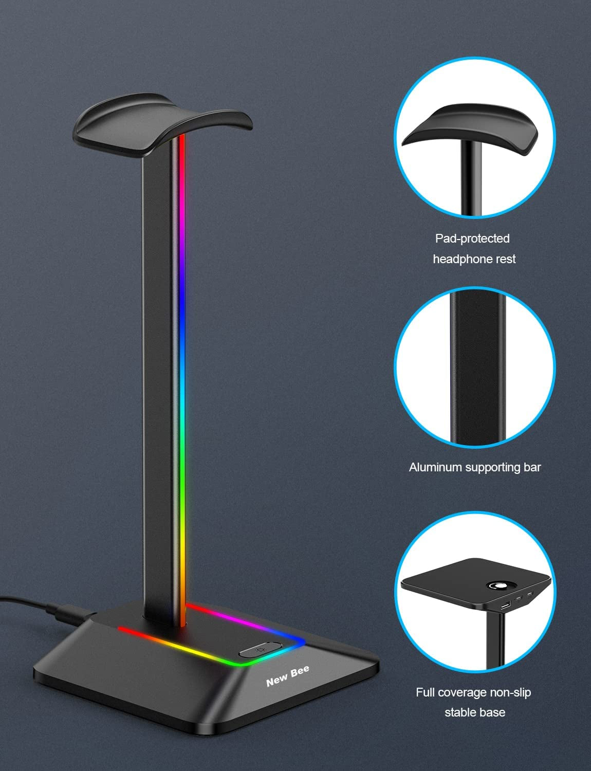 RGB Headphone Stand with 1 USB Charging Port & 1 USB-C Charging Port: Gaming Headset Stand with 7 Light Modes for PC Desktop Table - Earphone Accessories Holder