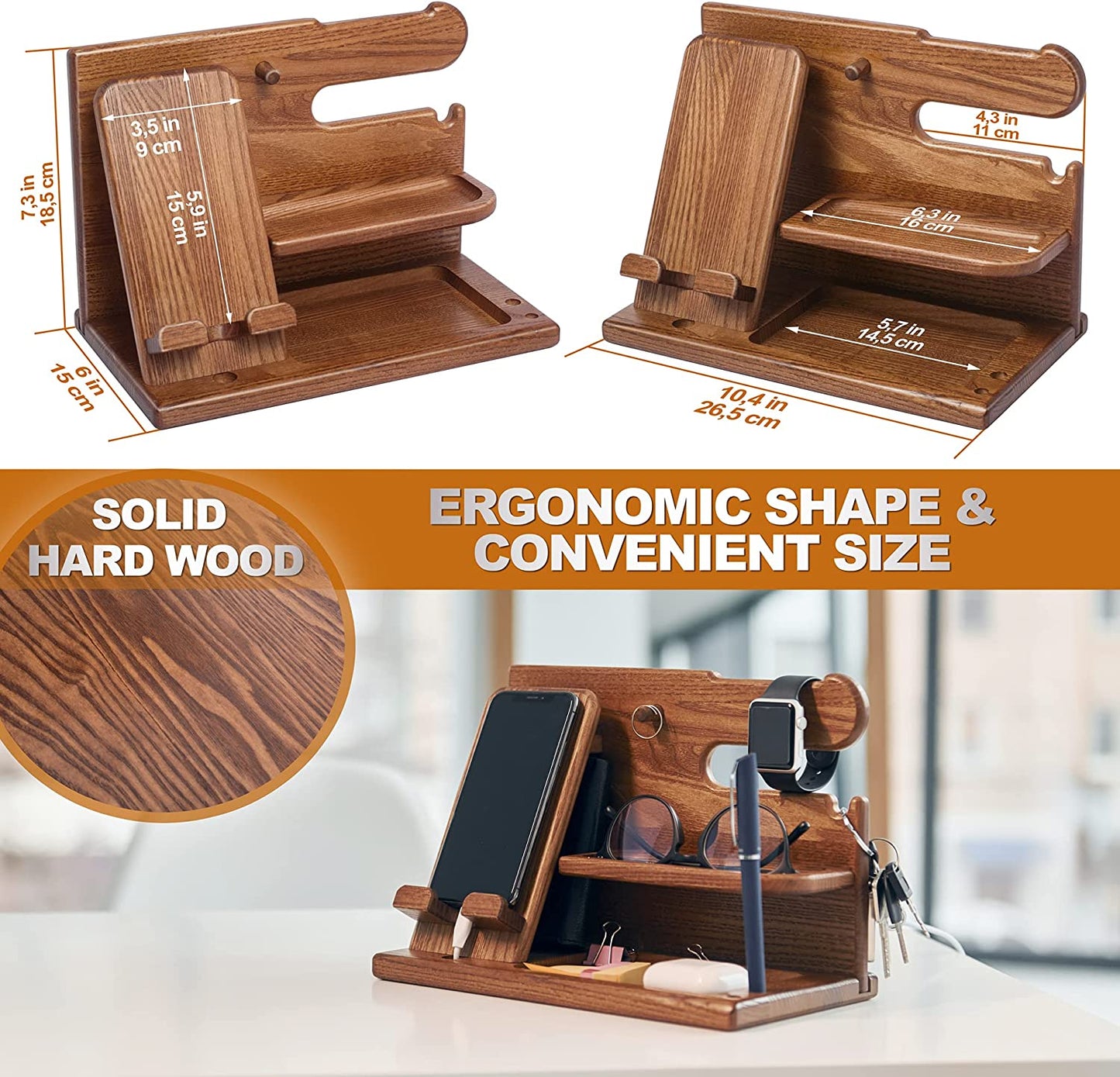 Wooden Phone Docking Station with Key Holder, Wallet Stand, and Nightstand Desk Organizer - Ideal Gifts for Dad, Him, Birthday, Anniversary, Christmas, and More in a Beige Color