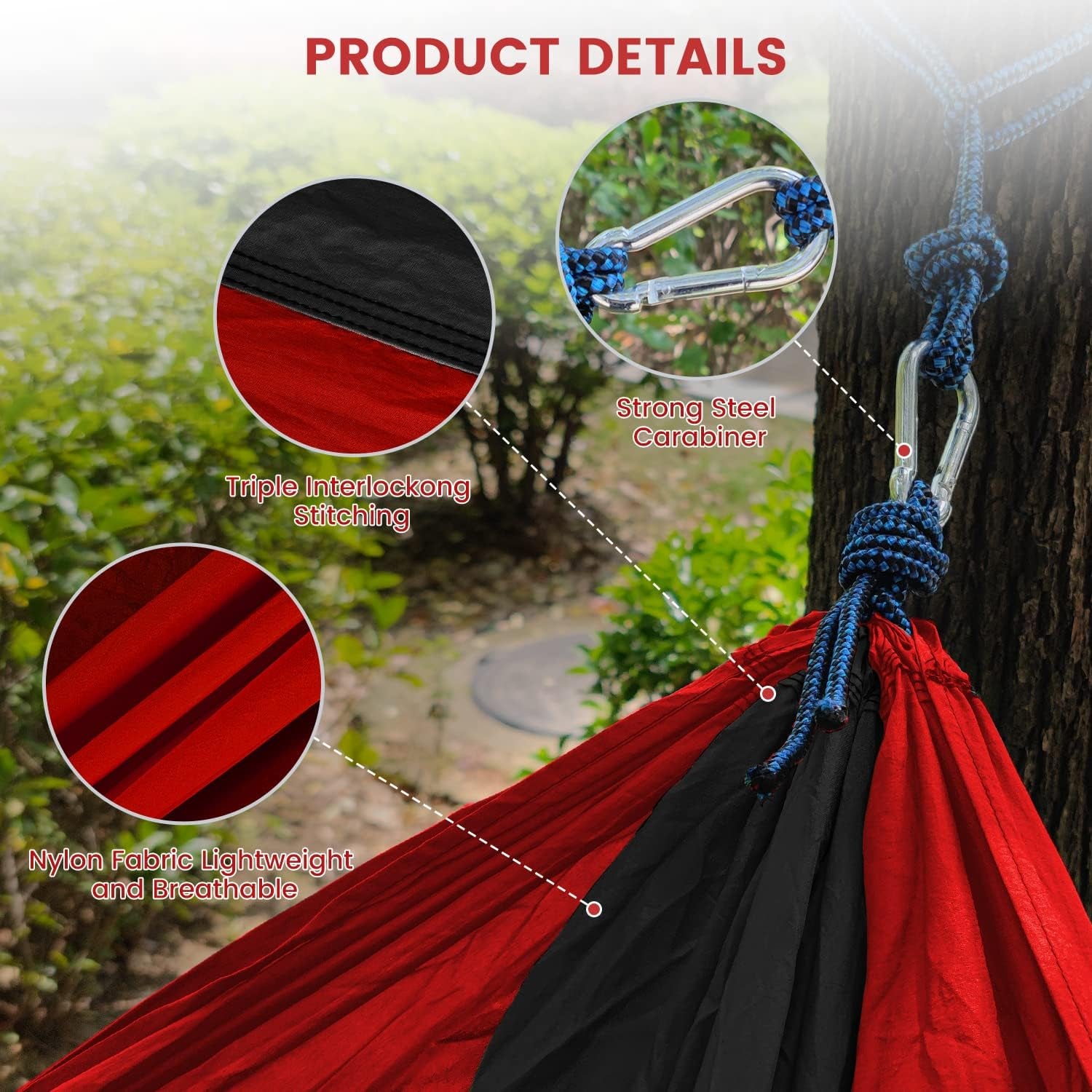 Single & Double Camping Hammock - Nylon Hammock with 660lbs Weight Capacity, Includes 2 Tree Ropes and 2 Metal Hooks, Portable and Lightweight, Ideal for Camping, Backpacking, Travel, Beach, Garden, and Courtyard.