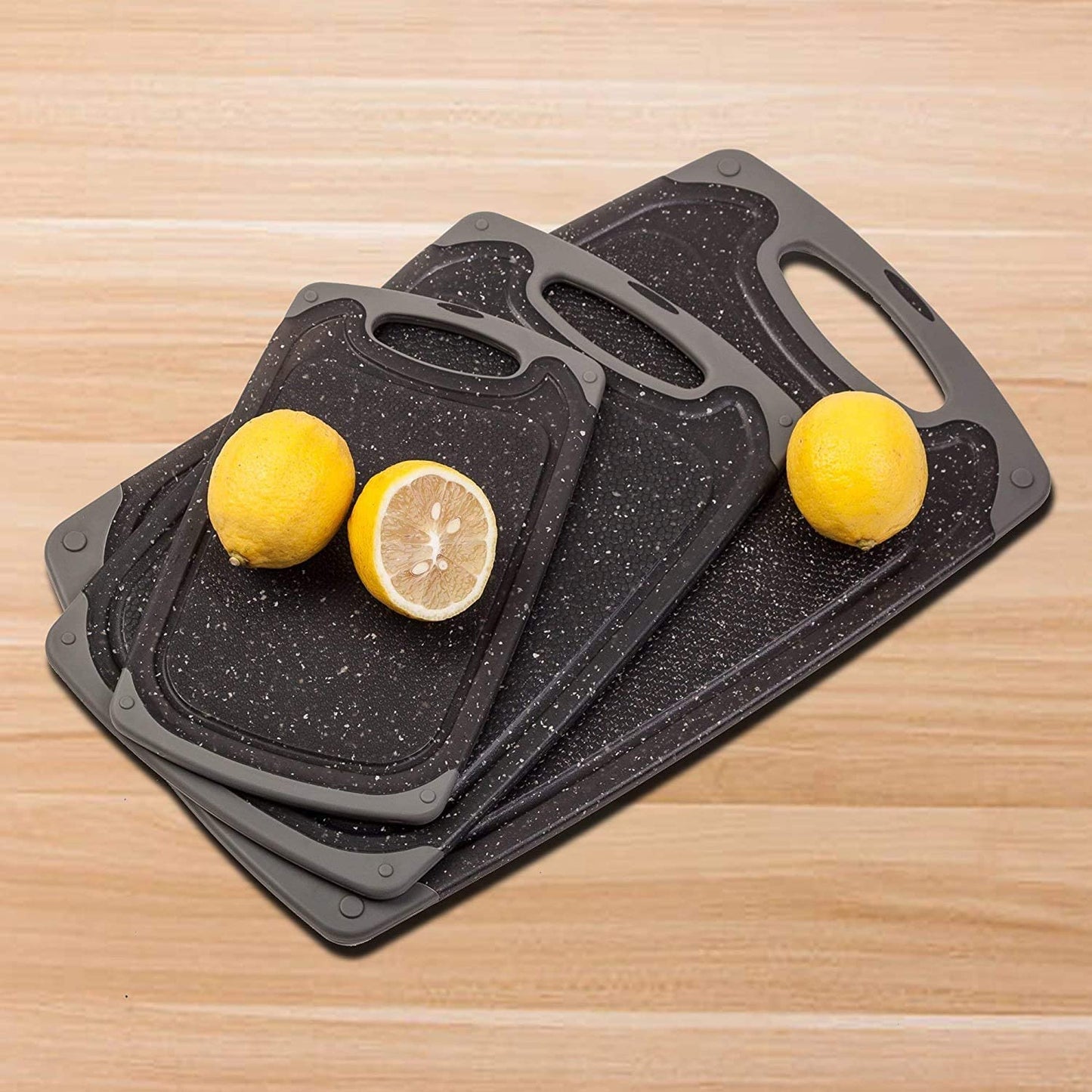 Reversible Cutting Board Set - 3-Piece Non-Porous Cutting Boards with Juice Grooves, Easy-Grip Handle, Black Marble Granite Color - Dishwasher Safe