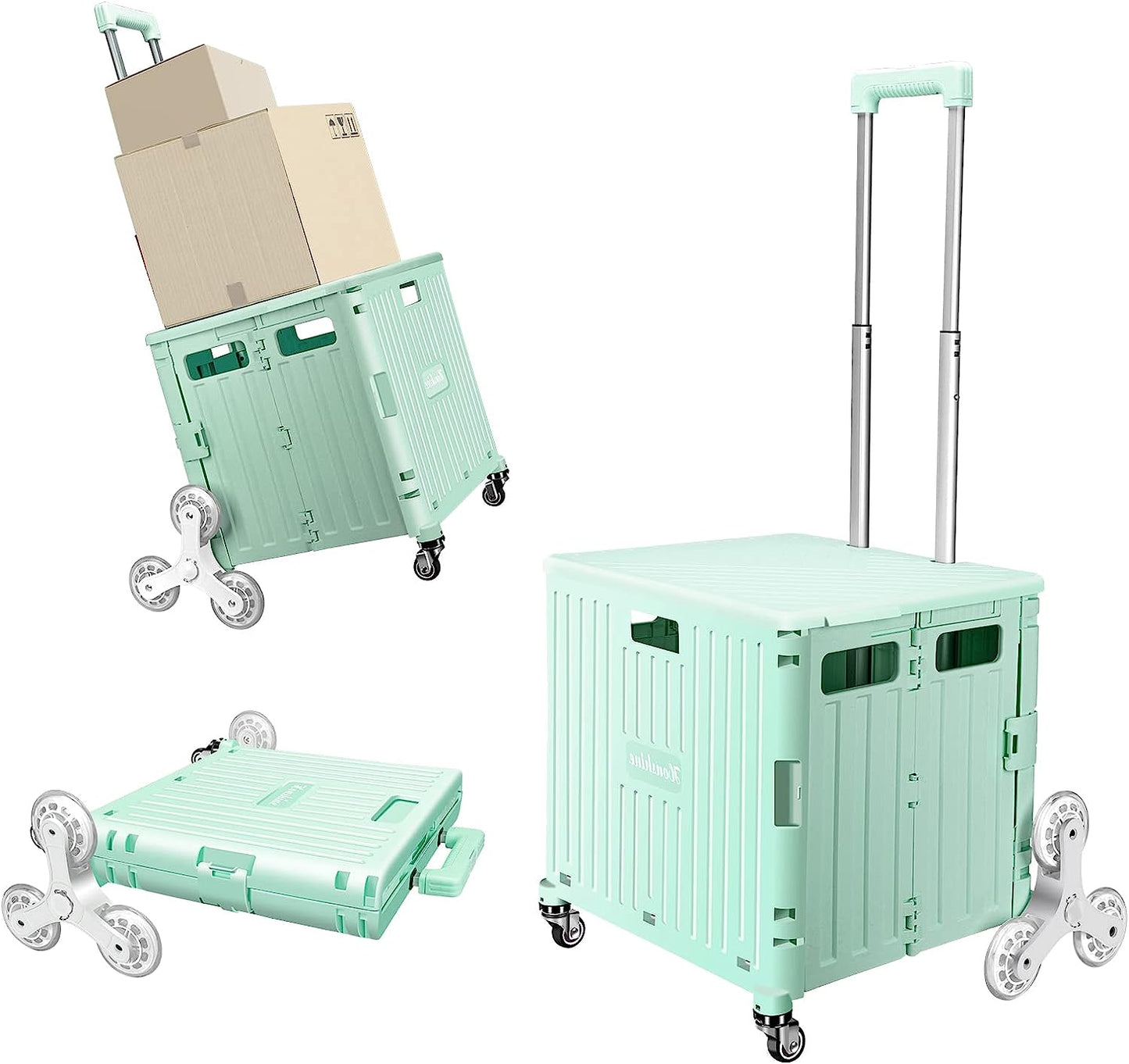 Rolling Storage Cart on Stair Climbing Wheels - Features a Foldable Crate with a 65L Large Capacity, Telescoping Handle, and is designed for transporting Grocery, Office, School, Tool, and Art Supplies. Available in Light Green.