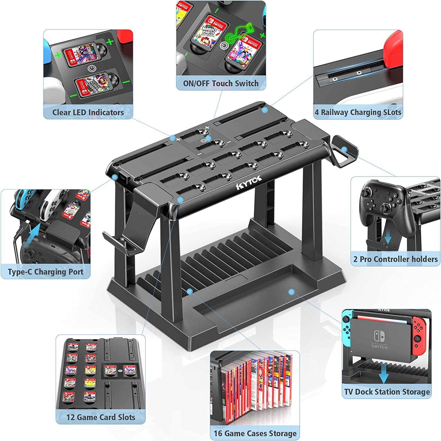 Switch Games Organizer Station, Charging Dock for Nintendo Switch & OLED Joycons with Controller Charger. Features Switch Storage and Organizer for Games, TV Dock, Pro Controller, and Accessories Kit Storage.