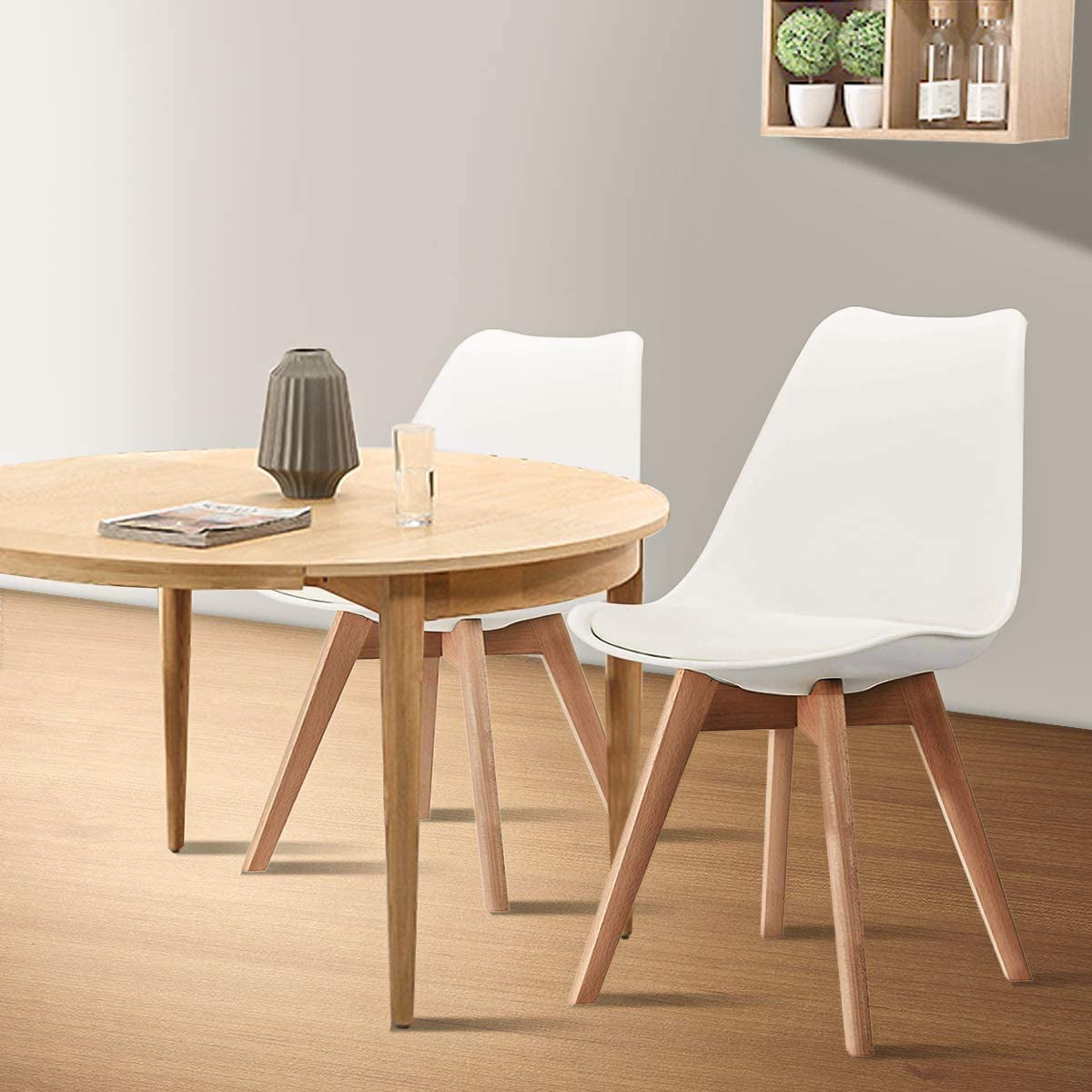 Set of 2 Mid Century Modern DSW Side Chairs with Wood Legs: Ideal for Kitchen, Living, and Dining Rooms, in White Color