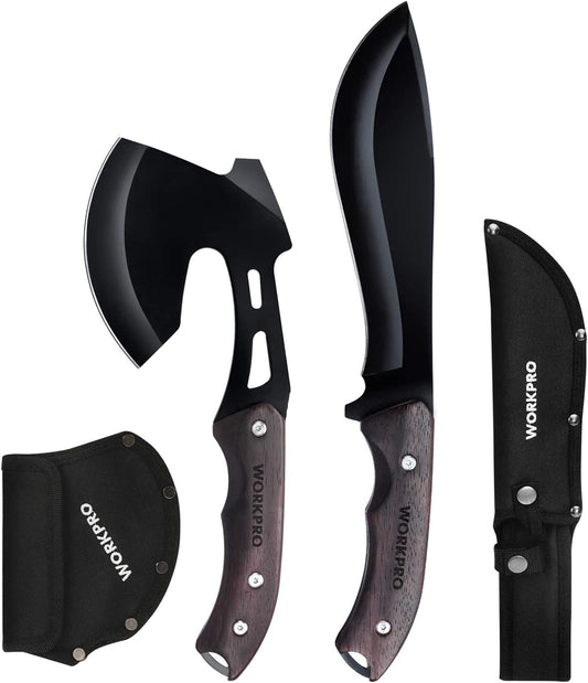 Outdoor Combo Set: Axe and Fixed Blade Knife - Full Tang Design with Wood Handles, Ideal for Camping, Survival, Hunting, and Hiking; Includes Nylon Sheath for Protection.