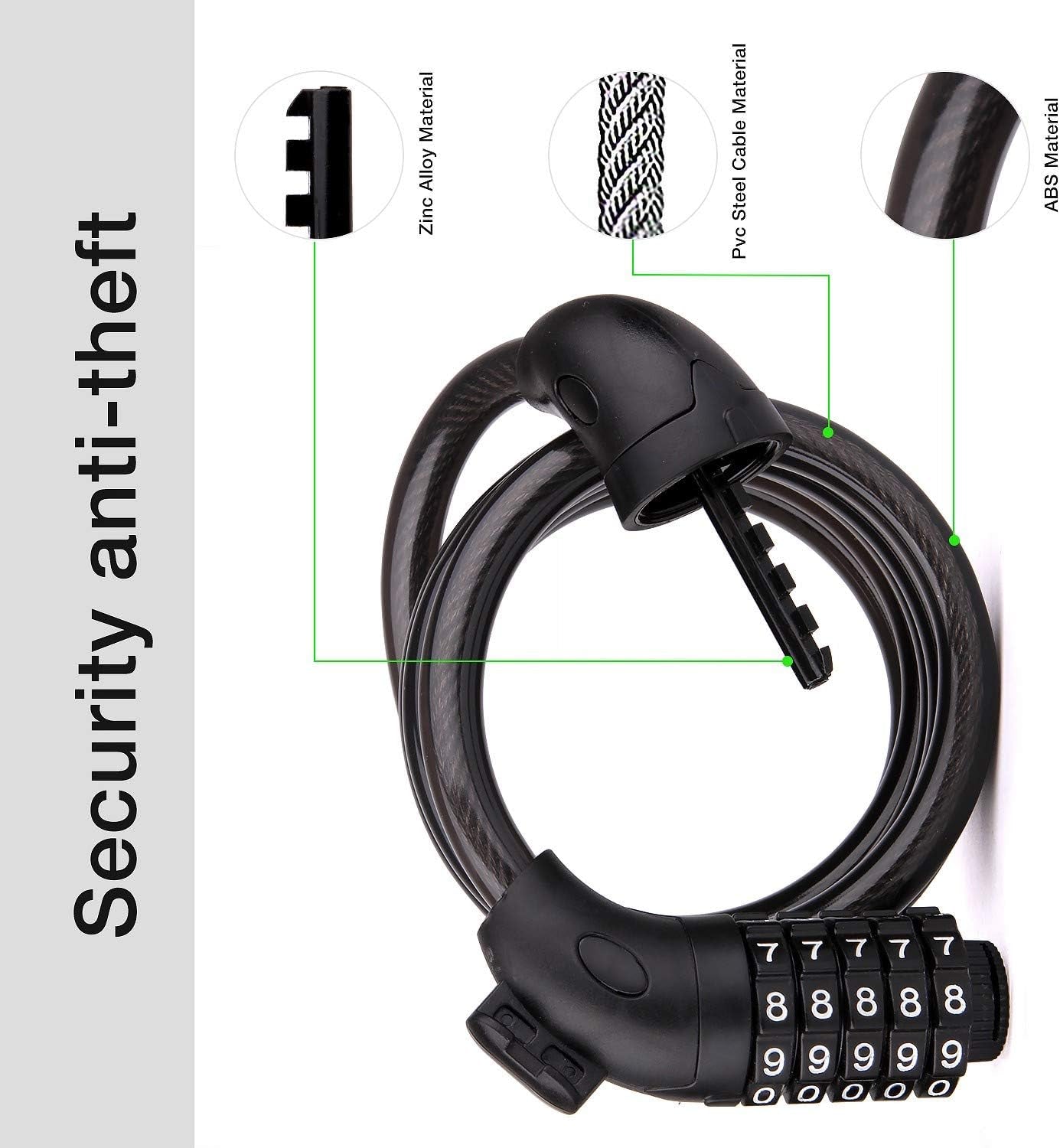 Heavy Duty 5-Digit Combination Cable Chain Lock for Bicycles, Motorcycles, and Scooters - 1.2cm/4ft Long, 0.5"/12mm Diameter, with Mounting Bracket