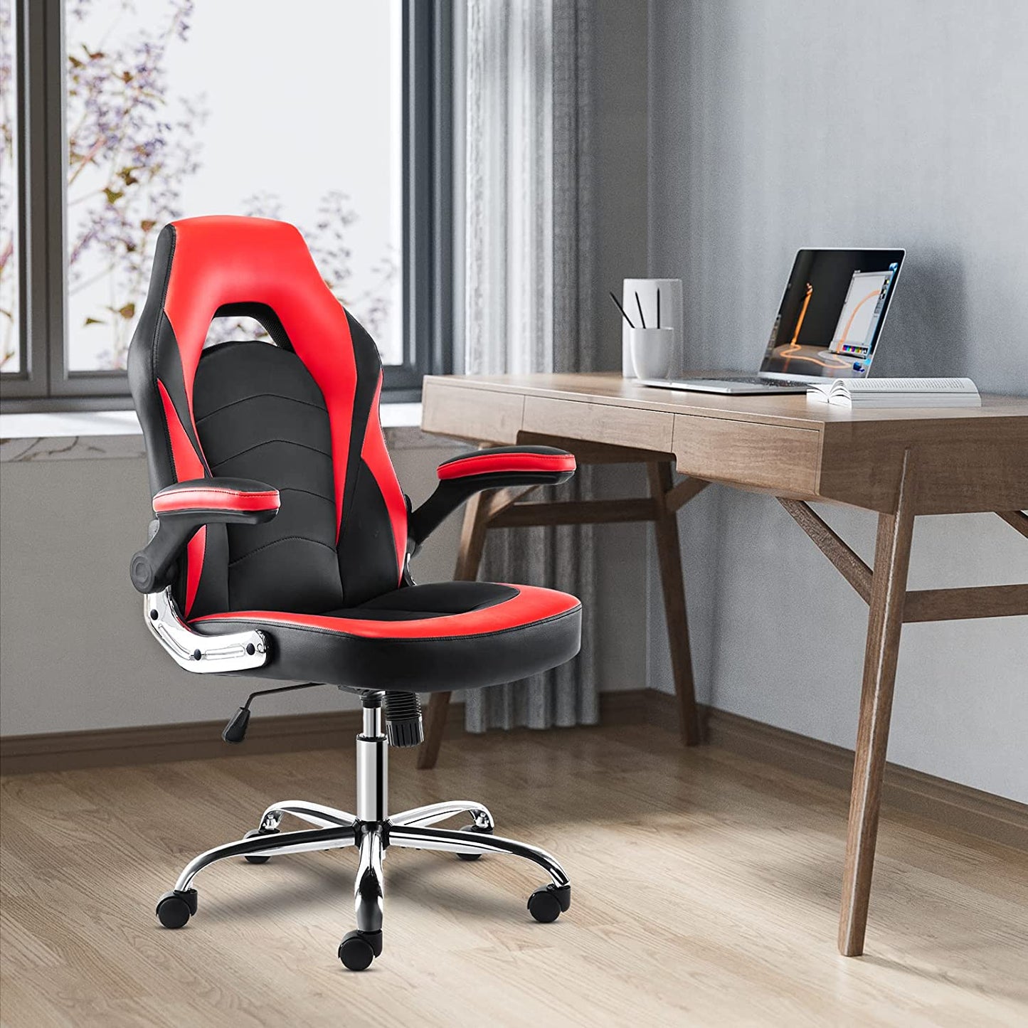 Ergonomic Gaming Office Chair - PU Leather Executive Swivel Design - Features Flip-Up Armrests and Lumbar Support - Suitable for Working, Studying, and Gaming - Color: Grey.