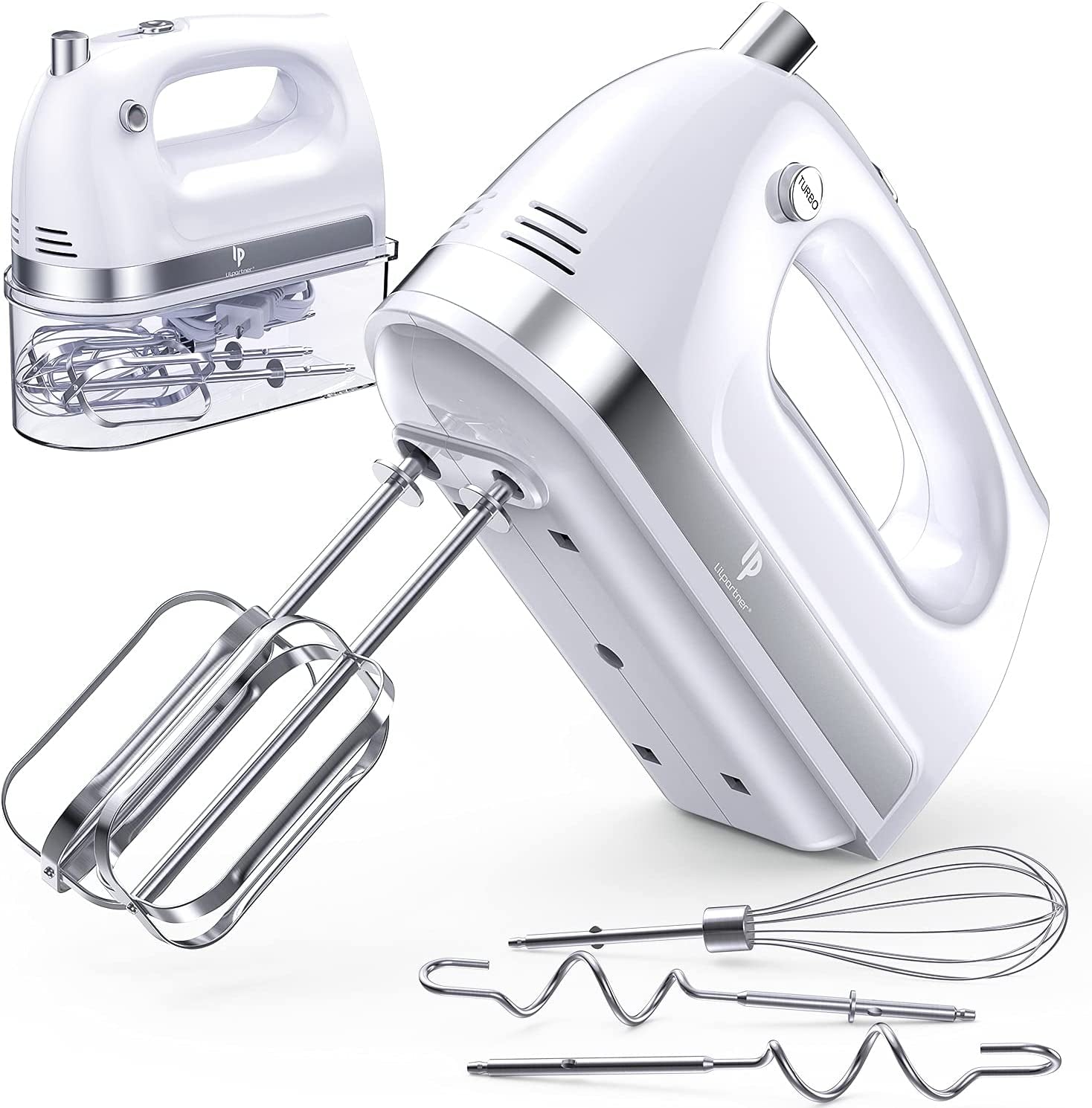 400W Ultra Power Electric Hand Mixer with Turbo Boost, Automatic Speed, Storage Case, and 5 Stainless Steel Accessories for Easy Whipping, Baking, and Cake Making