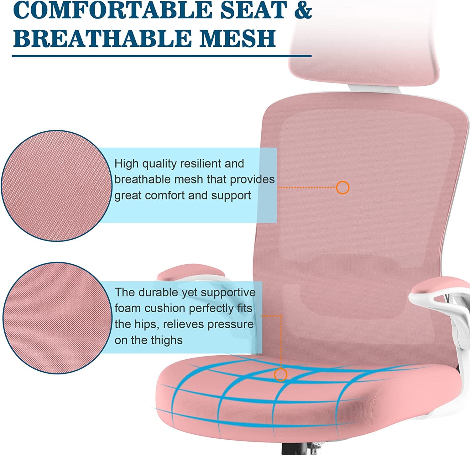 High Back Ergonomic Office Chair: This desk chair features Adjustable Lumbar Support and a Headrest flip-up Armrests