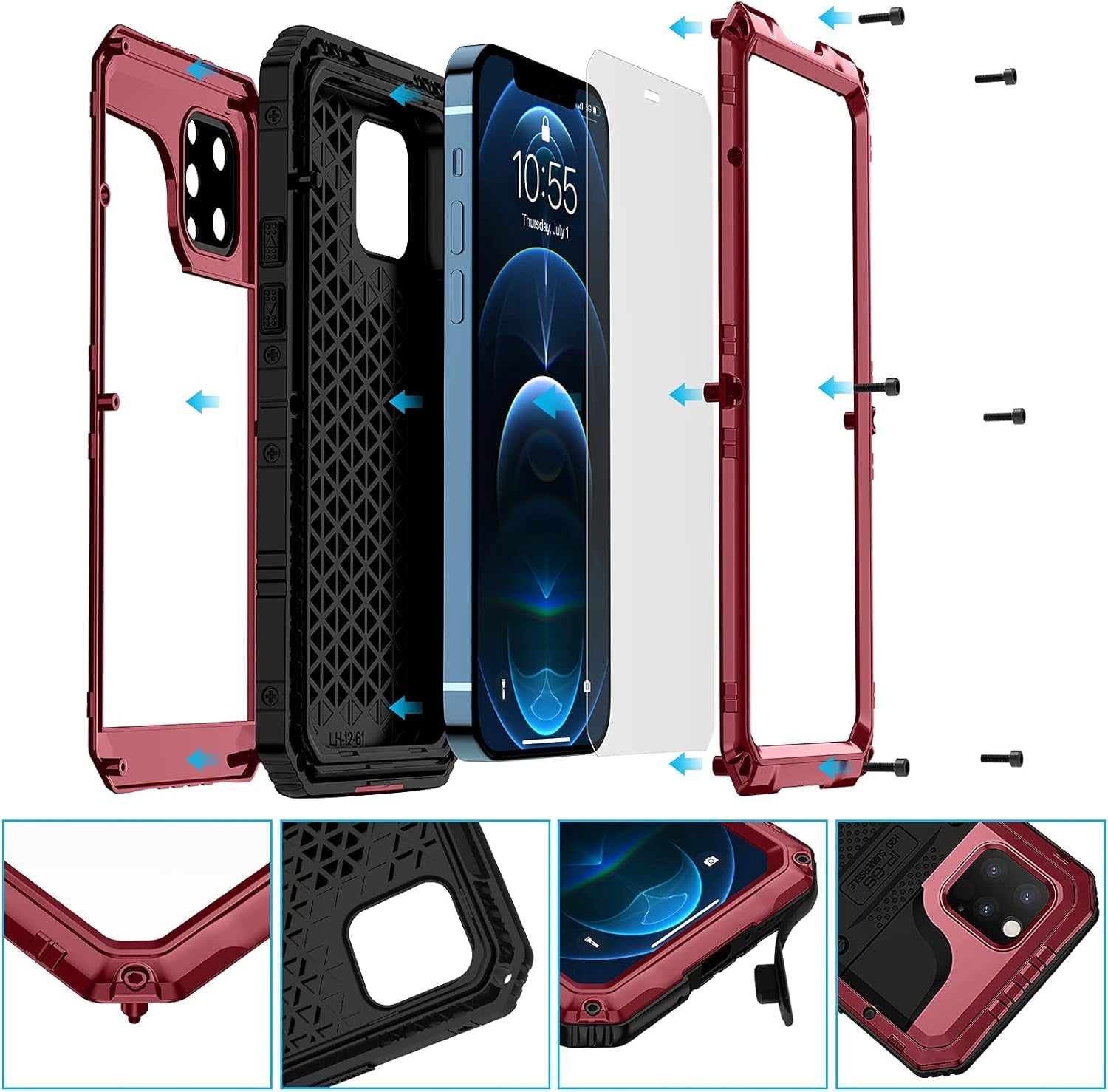 Military Grade Rugged Heavy Duty Waterproof Case for iPhone 12 Pro Max - Full Body Protection with Built-in Screen Protector - Red