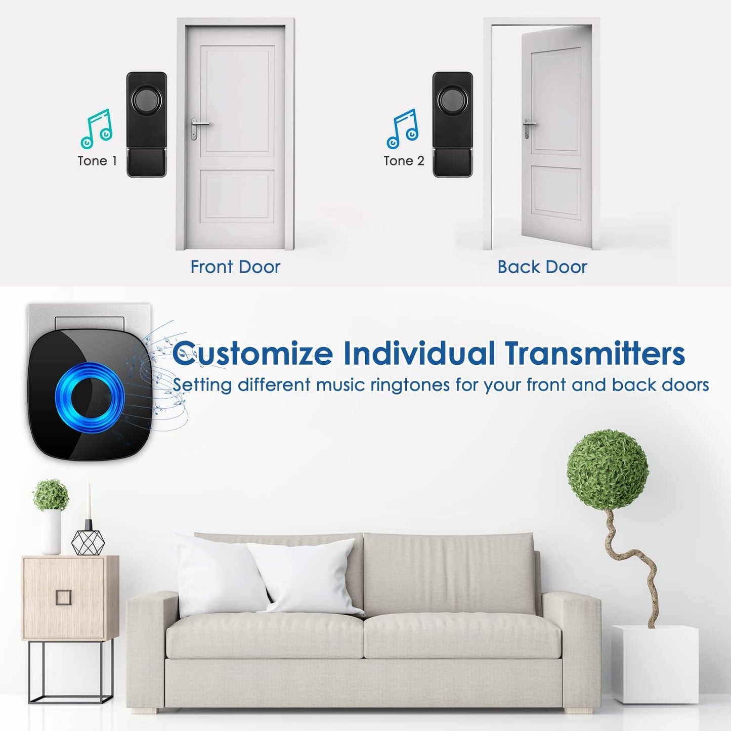 Waterproof Wireless Doorbell, Door Bell Chimes with Mute Mode, 58 Door Chimes, 5 Volume Levels, 1300-ft Range, 4 Receivers & 2 Doorbell Buttons for Home with LED Strobe, Black